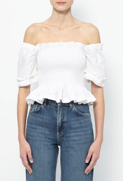 Molly Goddard White Ruched Cotton Peplum Top – Spring 2019 - 1