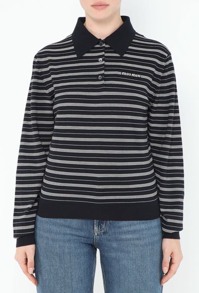 Miu Miu 2024 Striped Logo Polo Top Navy - 1