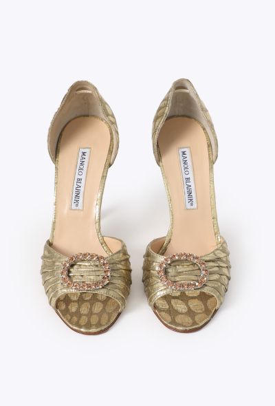 Manolo Blahnik Sedaraby Golden Metallic Peep-Toe Pumps - 2