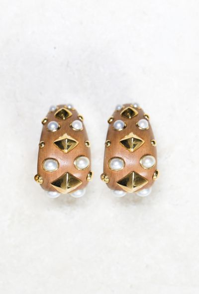 Vintage Fine Jewelry Trianon 18k Gold, Wood & Pearl Clip Earrings - 1