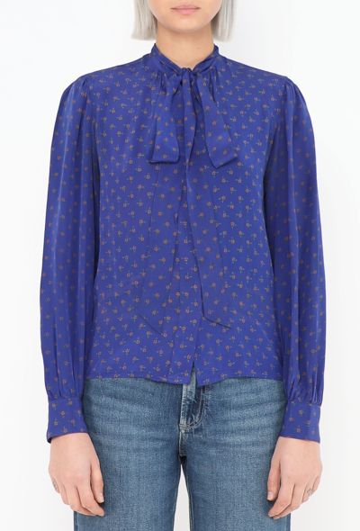Saint Laurent Blue Floral Silk Lavallière Blouse, Circa 1980s - 1