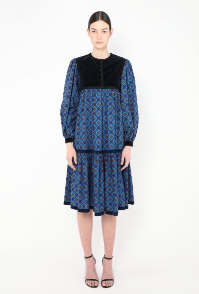 Saint Laurent Collector F/W 1977 Checkered Velvet Russian Dress Blue - 1