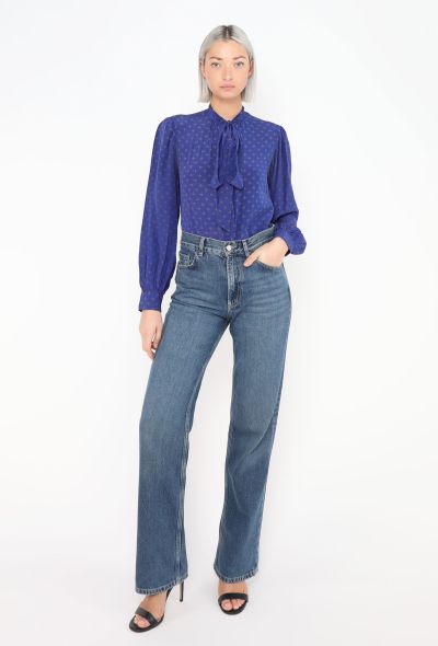 Saint Laurent Blue Floral Silk Lavallière Blouse, Circa 1980s - 2