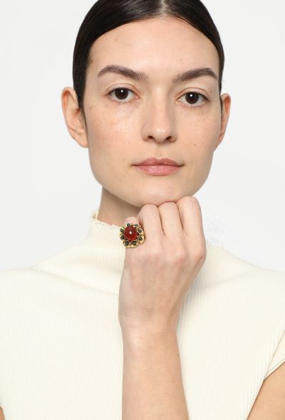 Vintage Fine Jewelry 18k Yellow Gold, Carnelian & Green Jasper Ring - 1