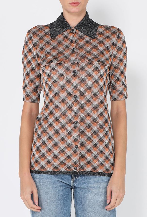 Miu Miu Lamé Plaid Knit Button-Up Top, S/S 2021 - 1