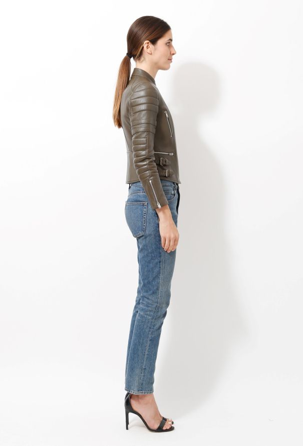 Céline Olive Leather Biker Jacket - 5