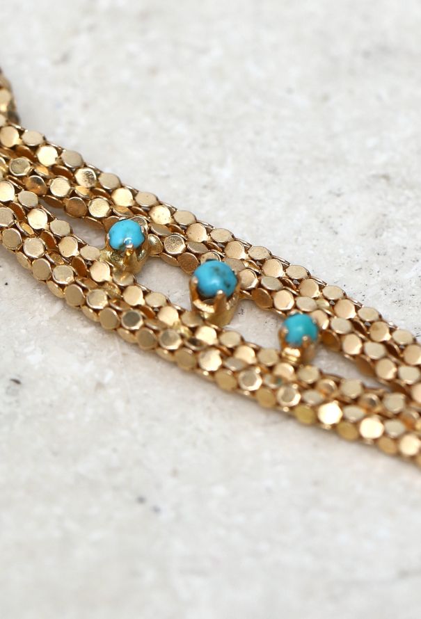 Vintage Fine Jewelry 18k Yellow Gold & Turquoise Mesh Knot Bracelet - 7