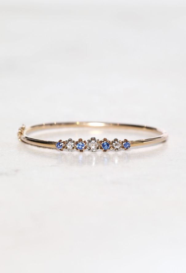 Vintage Fine Jewelry 18k Gold, Platinum, Sapphire & Diamond Bangle - 1