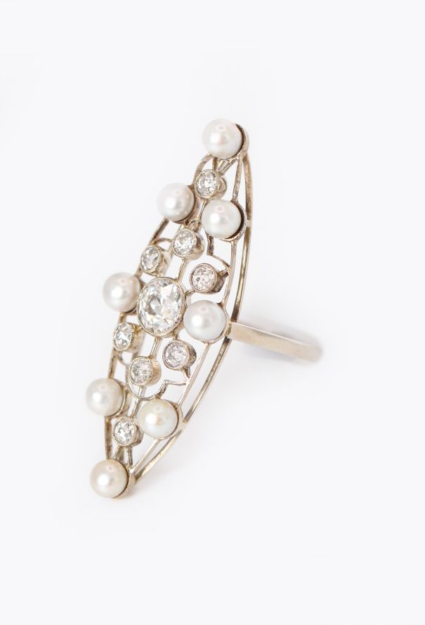 Vintage Fine Jewelry 18k White Gold, Pearl & Diamond Marquise Ring - 3
