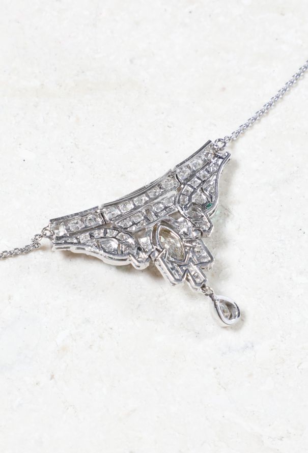 Vintage Fine Jewelry Platinum, 18k White Gold, Diamond and Emerald Necklace - 4