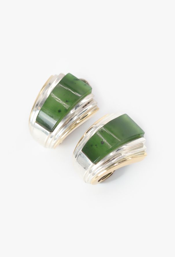 Vintage Fine Jewelry Puiforcat 18k Yellow Gold, Silver & Jade Clip Earrings - 3