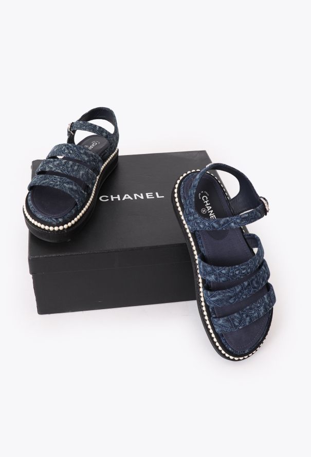 Chanel 2019 Embellished 'CC' Denim Sandals - 6