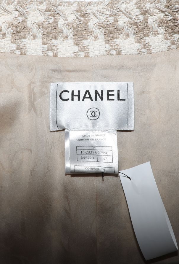 Chanel 2008 Houndstooth Beige Silk Tweed Jacket - 6