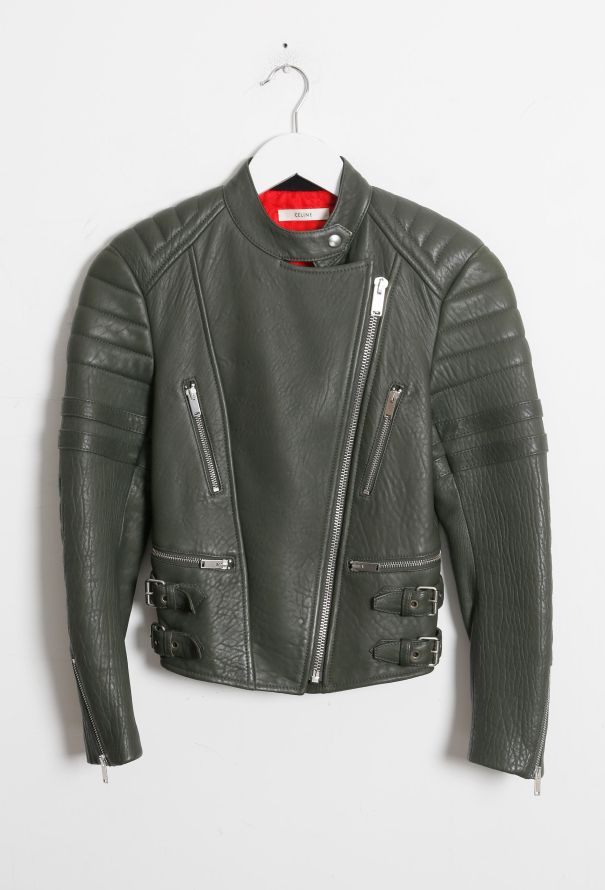 Céline Olive Leather Biker Jacket - 9