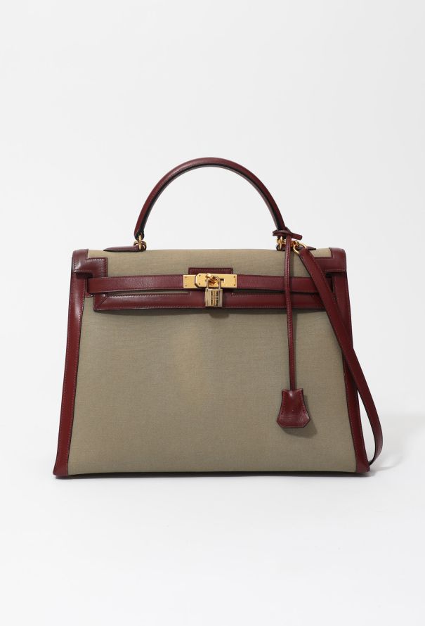 Hermès Exceptional 1994 Khaki Toile and Rouge H Box Kelly Sellier 35 - 2