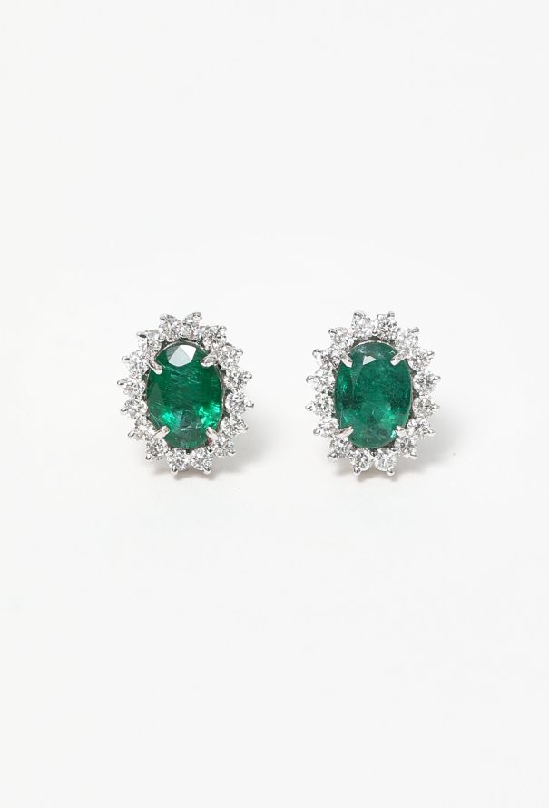 Modern Fine Jewelry 18k White Gold Diamond Halo Earrings with Zambian Emeralds - 1