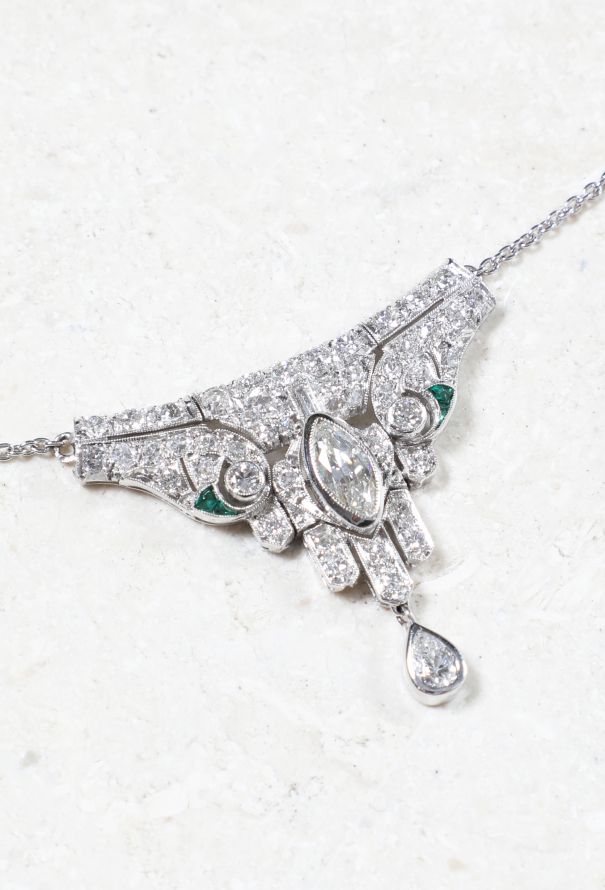 Vintage Fine Jewelry Platinum, 18k White Gold, Diamond and Emerald Necklace - 3
