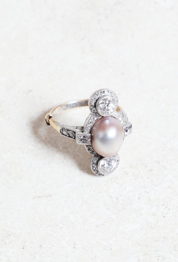 Vintage Fine Jewelry Antique 18k Gold Diamond & Natural Pearl Ring - 3