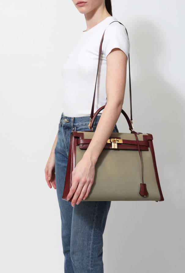 Hermès Exceptional 1994 Khaki Toile and Rouge H Box Kelly Sellier 35 - 3