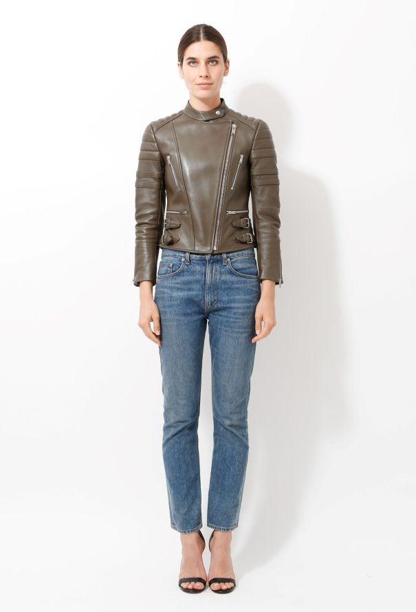 Céline Olive Leather Biker Jacket - 4
