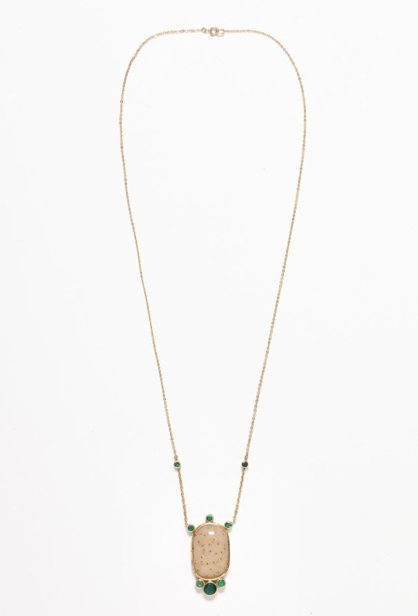 Modern Fine Jewelry 18k Yellow Gold, Fossilised Palm & Emerald Necklace - 2