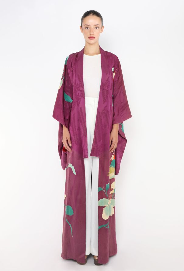 World Treasures Authentic Japanese Purple Floral Jacquard Kimono - 3