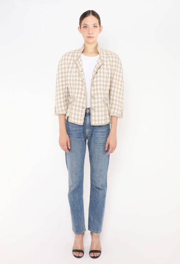 Chanel 2008 Houndstooth Beige Silk Tweed Jacket - 3