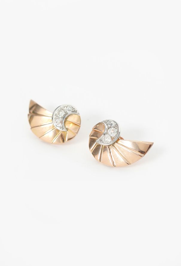 Vintage Fine Jewelry Art Deco 18K Rose Gold & Diamond Shell Earrings - 3