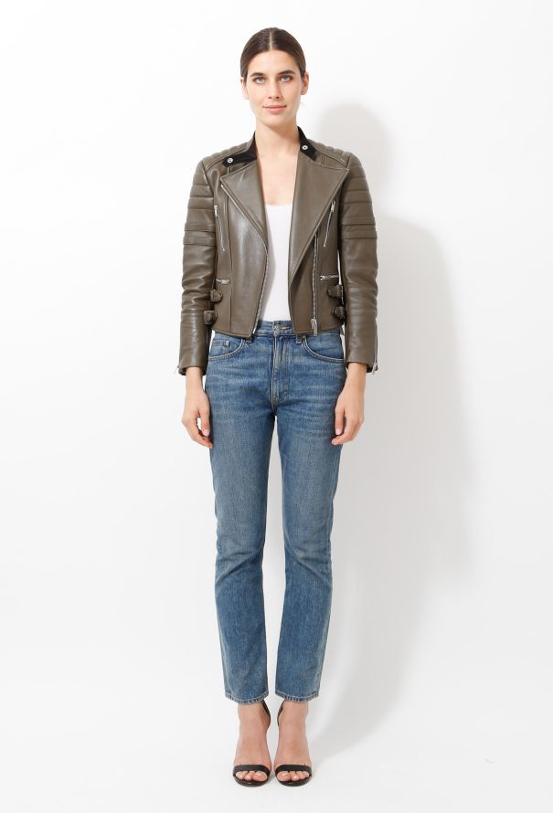 Céline Olive Leather Biker Jacket - 3