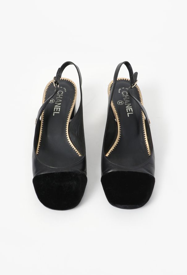 Chanel Black Velvet Cap-Toe Slingbacks - 2
