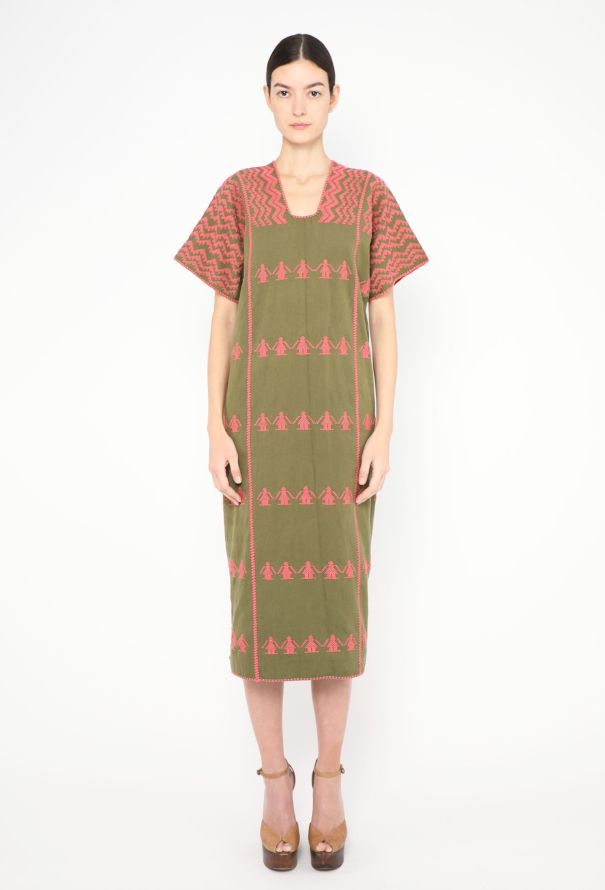 World Treasures Authentic Mexican Embroidered Green Cotton Kaftan - 3