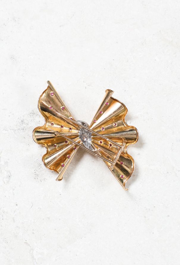 Vintage Fine Jewelry 18k Gold, Diamond and Ruby Bow Brooch - 4