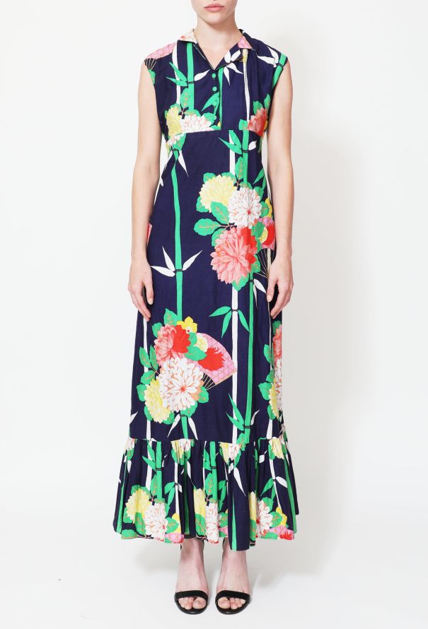 70s Chinoiserie Floral Motif Cotton Dress - 2