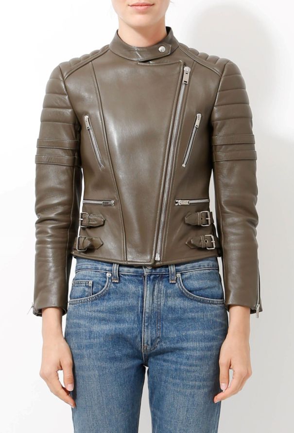 Céline Olive Leather Biker Jacket - 2