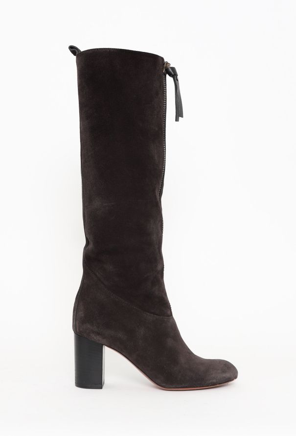Chloé Brown Suede Front-Zip Knee-High Boots - 1