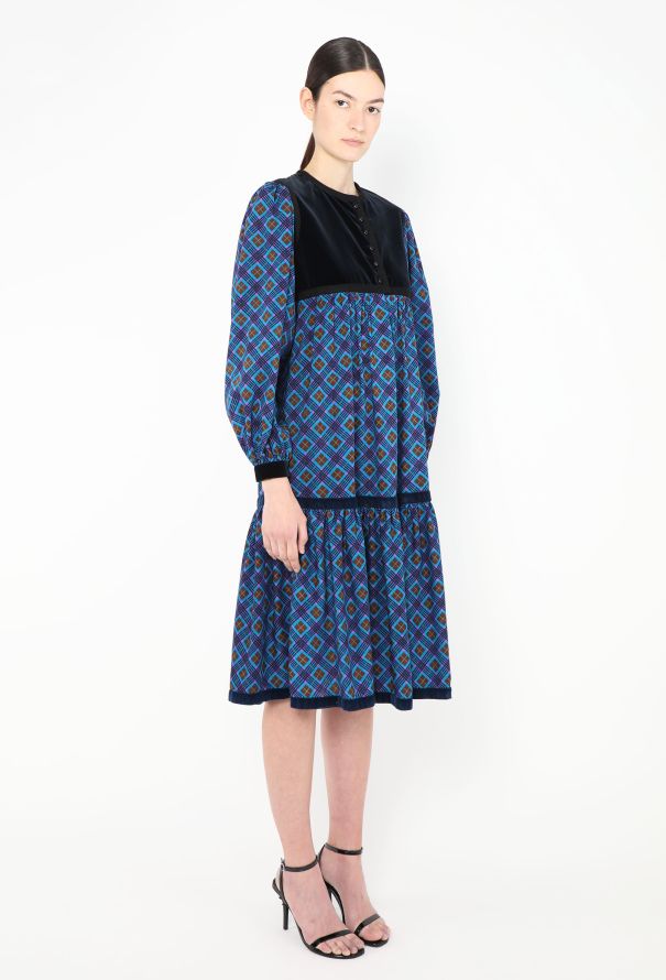 Saint Laurent Collector F/W 1977 Checkered Velvet Russian Dress Blue - 4