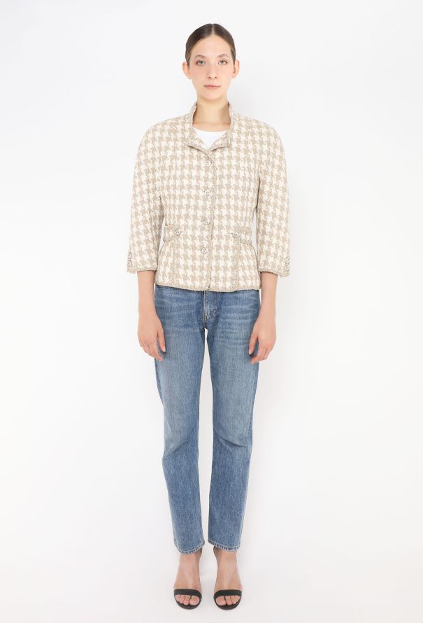 Chanel 2008 Houndstooth Beige Silk Tweed Jacket - 4