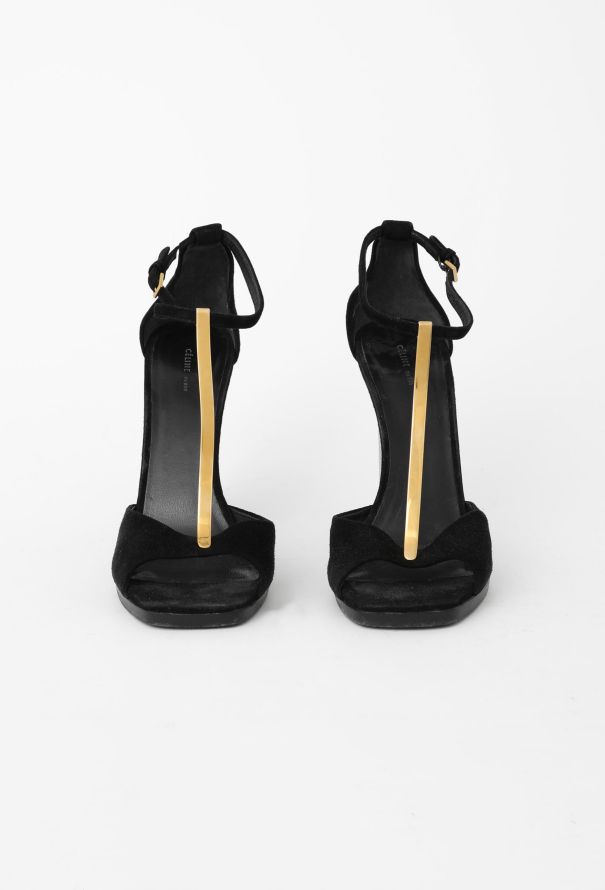 Céline Metallic T-Strap Suede Sandals - 2