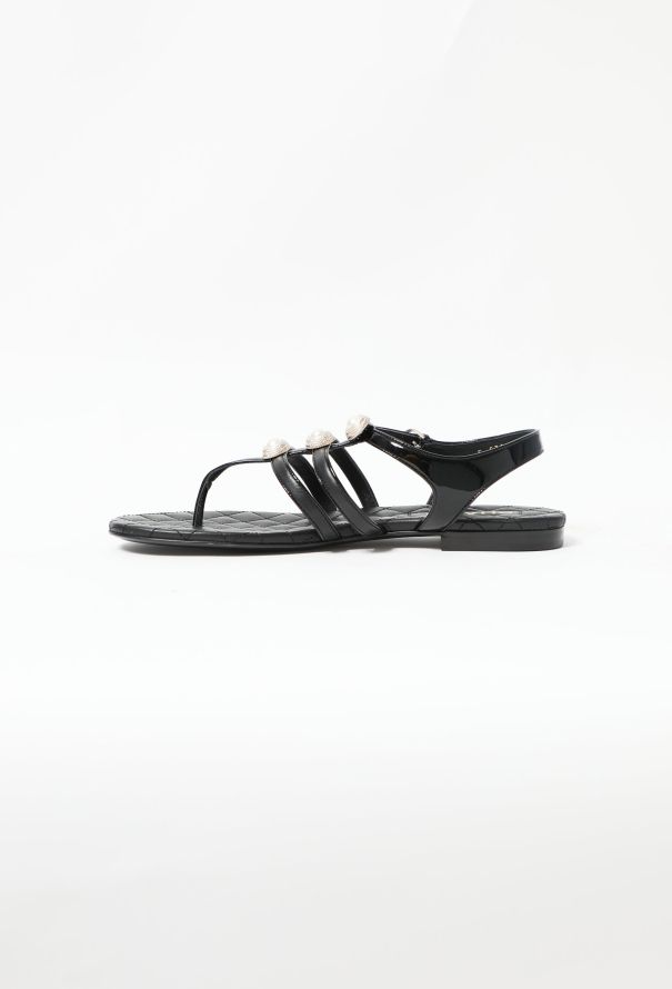 Chanel 2022 Pearl Embellished Leather Sandals - 5
