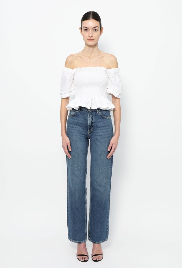 Molly Goddard White Ruched Cotton Peplum Top – Spring 2019 - 2