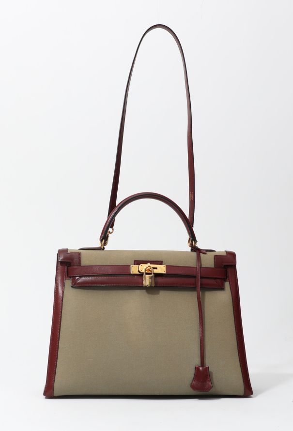 Hermès Exceptional 1994 Khaki Toile and Rouge H Box Kelly Sellier 35 - 4