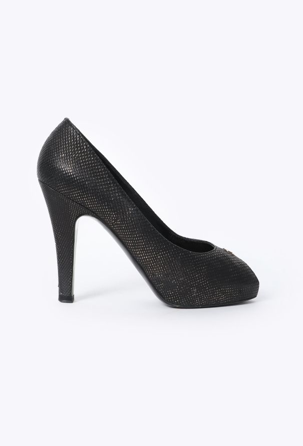 Chanel Metallic Embossed Peep-Toe Pumps - 1