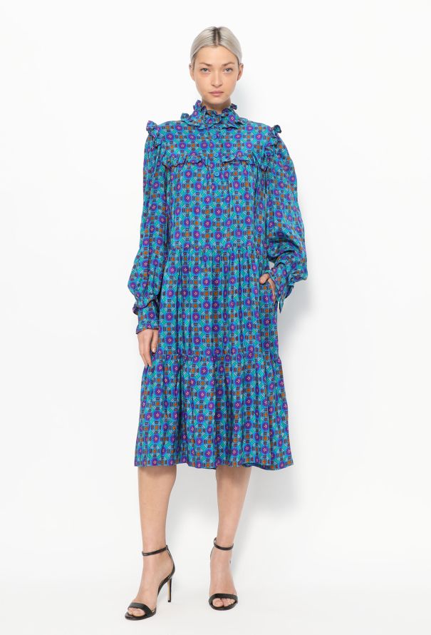 Saint Laurent RARE F/W 1980 Printed Smock Dress Blue - 4