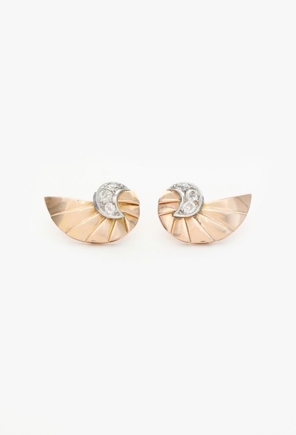 Vintage Fine Jewelry Art Deco 18K Rose Gold & Diamond Shell Earrings - 1