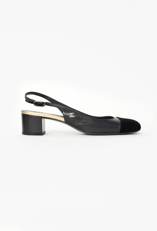 Chanel Black Velvet Cap-Toe Slingbacks - 1