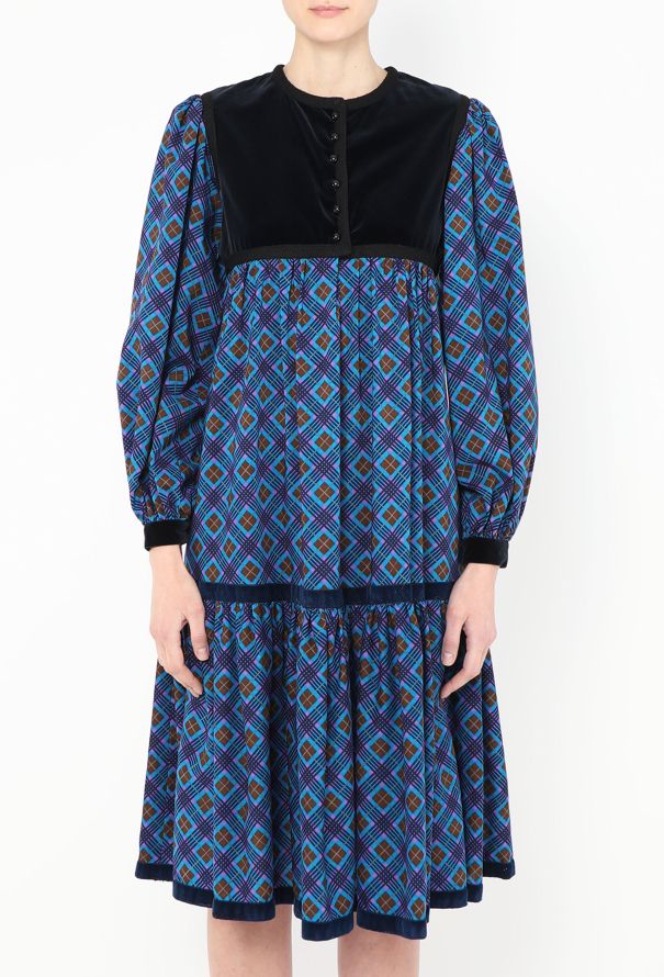 Saint Laurent Collector F/W 1977 Checkered Velvet Russian Dress Blue - 3