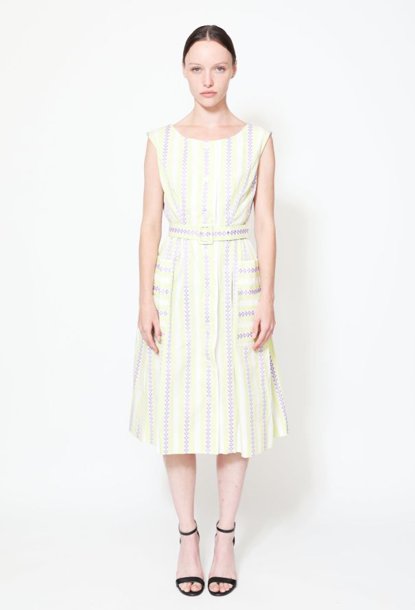 50s Embroidered Stripe Belted Day Dress - 1