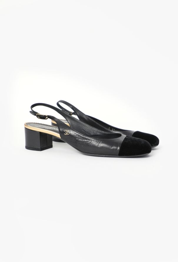 Chanel Black Velvet Cap-Toe Slingbacks - 3