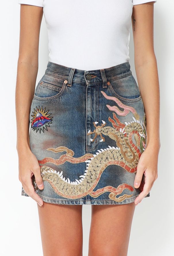 Gucci Dragon Embroidered Denim Skirt - 2