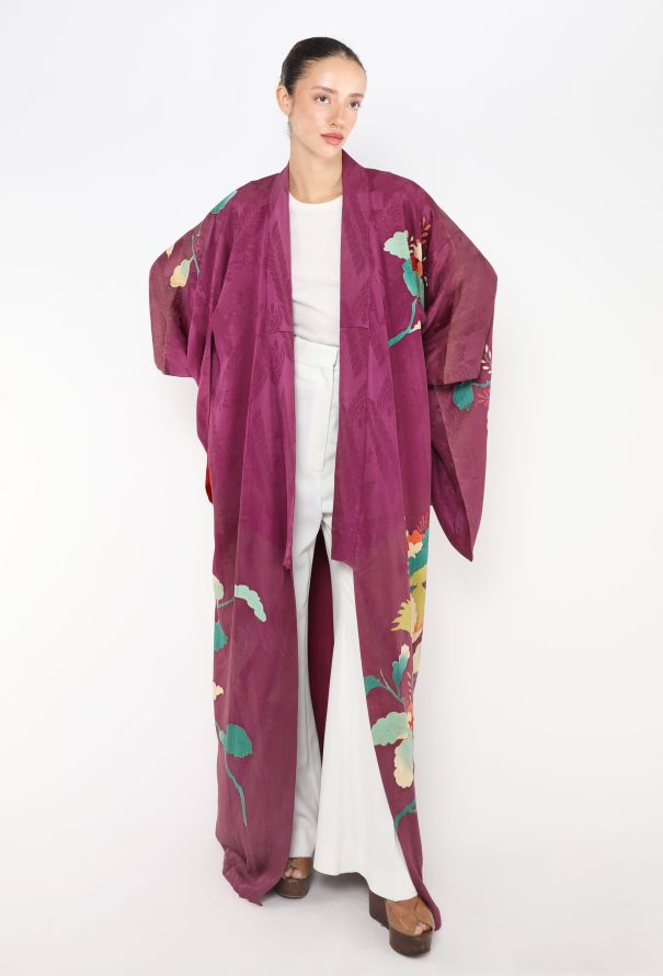 World Treasures Authentic Japanese Purple Floral Jacquard Kimono - 2